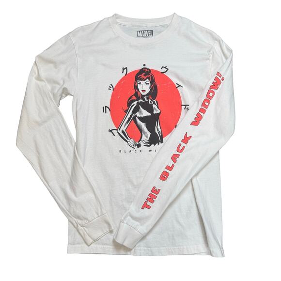 Marvel White Black Widow Cotton Graphic T-Shirt Mens Small Long Sleeve Crew Neck - Picture 6 of 8